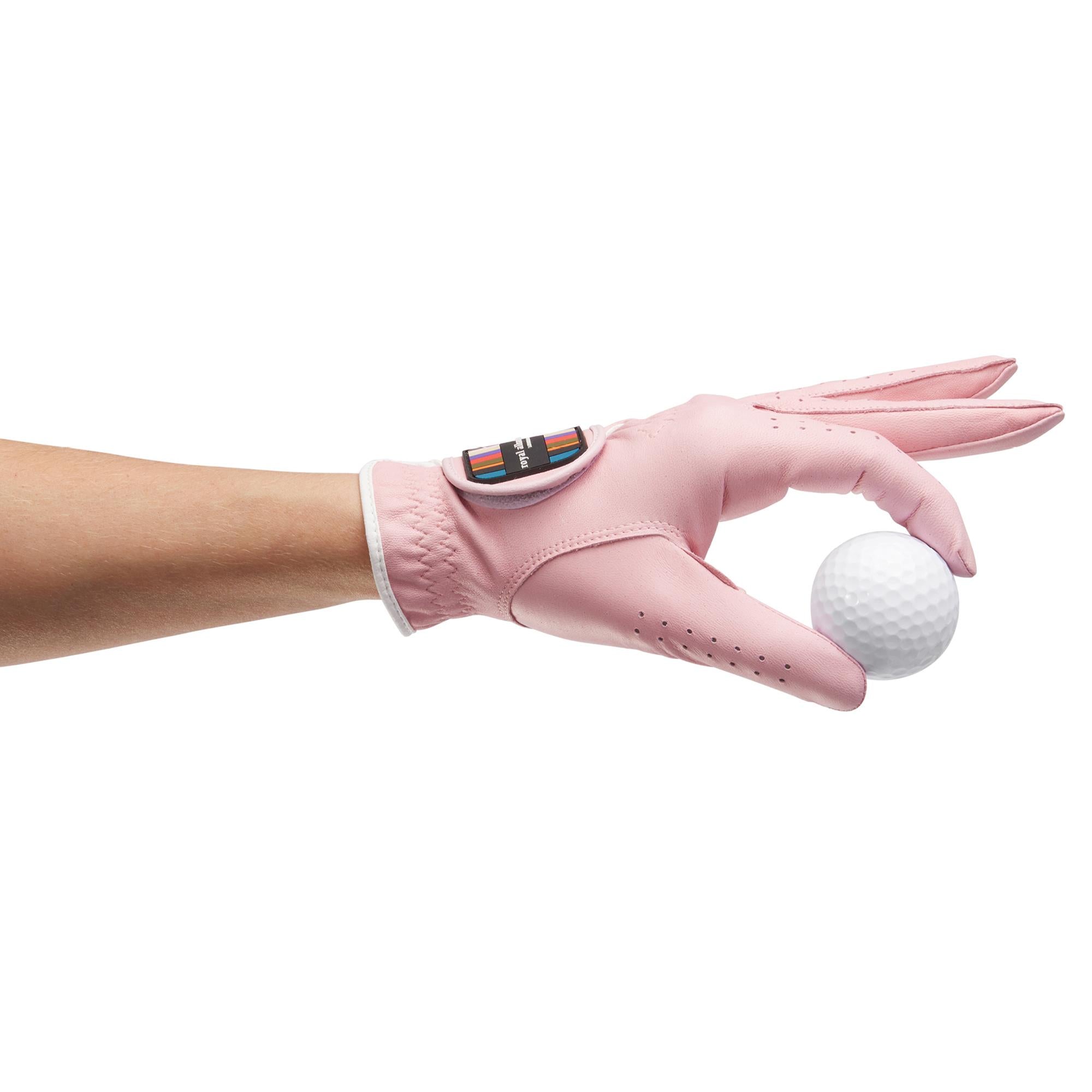 Pink Royal Albartross Duchess V2 ladies golf glove holding a golf ball – premium women’s golf accessory for elegant on-course style